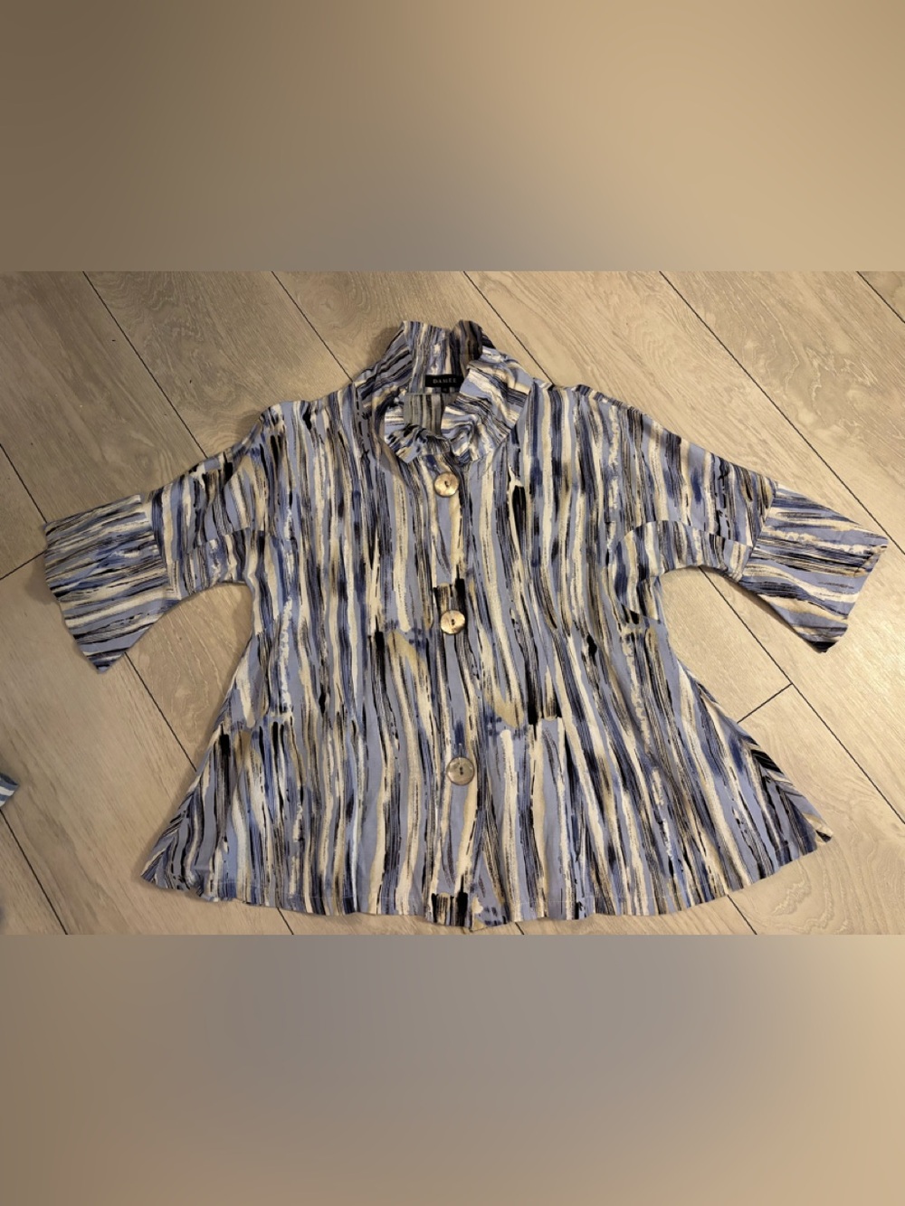 Damee Blue, Cream & Black Striped with natural shell style buttons